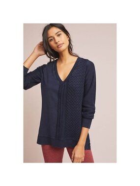 Saturday Sunday Anthropologie Arcana Buttoned Pullover Navy Sz Small